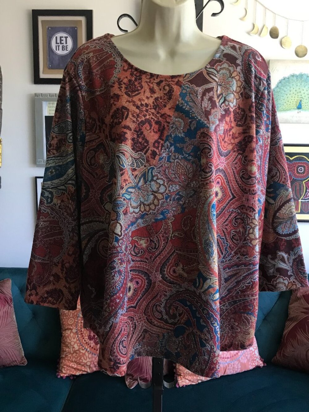 ALFRED DUNNER size 2X Rust Blue & Brick Red Paisley Print Stretch 3/4 Sleeve Top
